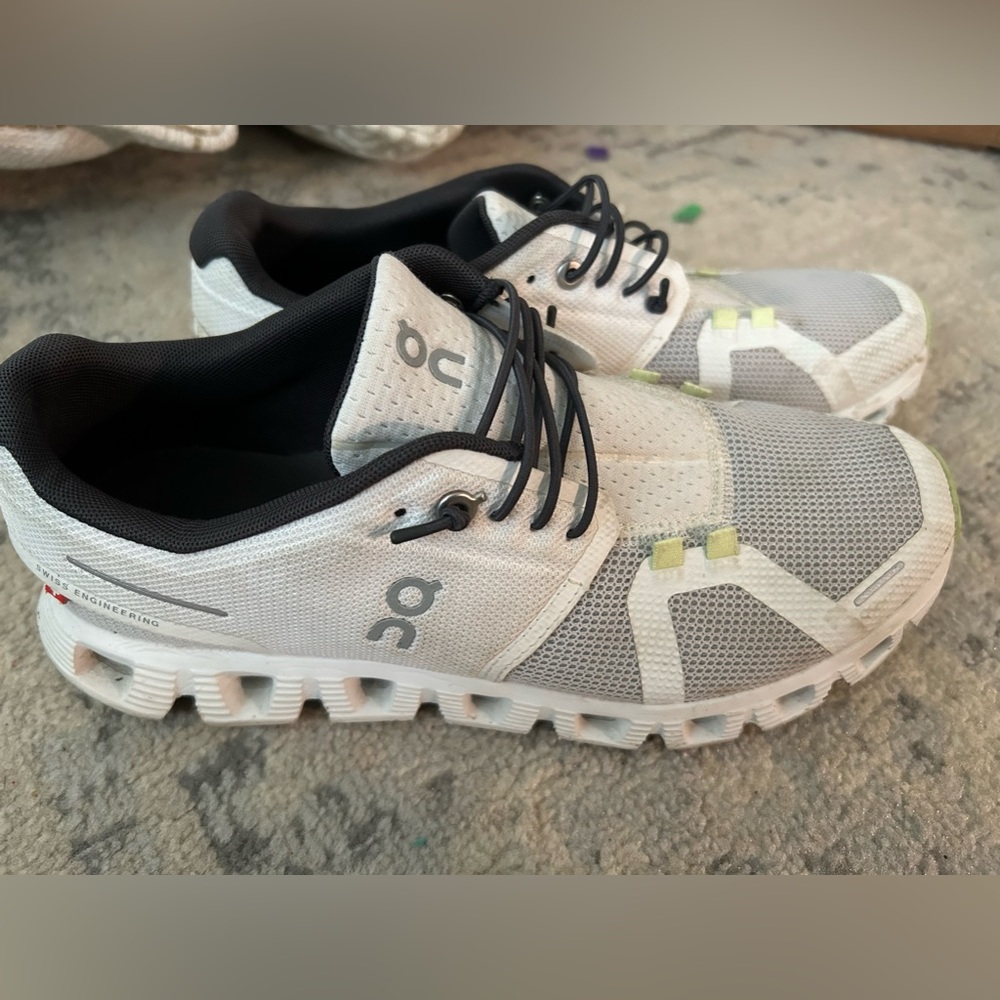White gray and green On Cloud running shoes
